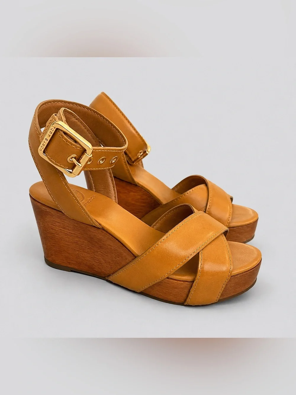Tory Burch Almita Wood Platform Wedge Sandals Tan Leather Crisscross Sz 9 Resort